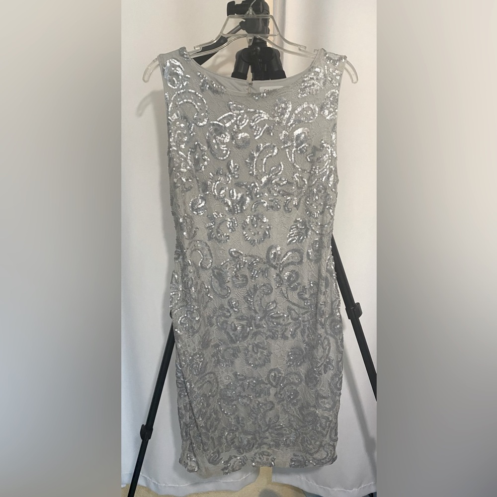 BOGO 🎉DRESS- Calvin Klein gray with silver sequence,  Knee length dress size 8 ￼